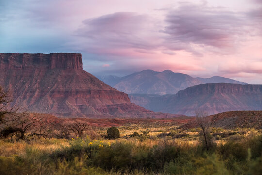 Sunset while looking out over the La Sal Mountain Range outside the Fisher Towers - Castle Valley - Moab, Utah
