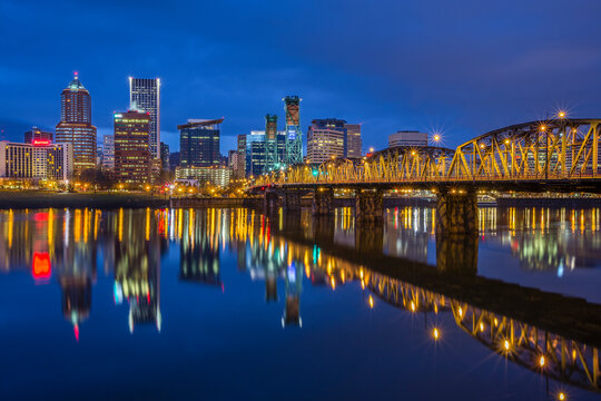 Portland's west skyline and the Hawthorne Bridge at dawn's blue hour