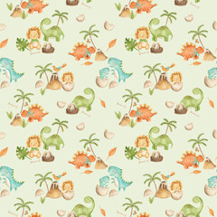 Baby Dinosaurs watercolor illustration children's cute pattern in green background 