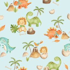 Baby Dinosaurs watercolor illustration children's cute seamless pattern tile in blue background  © Bianca