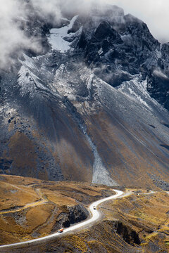 The road from the Cumbre Pass winds its way down to the Yungas region near La Paz, Bolivia.