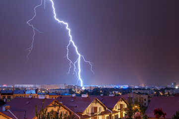 Near lightning strike over the city in Poland