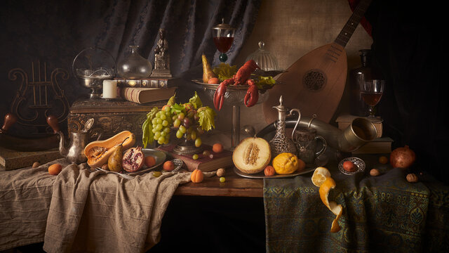 Fotografia jak malarstwo olejne przedstawiająca martwą naturę z homarem i owocami w stylu starych mistrzów malarstwa holenderkiego.