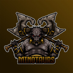 Aggressive Minotaur with Big Axes Mascot Esport Logo Vector Illustration