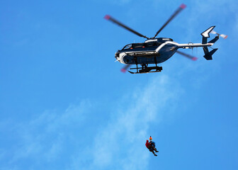 Rescue mission helicopter in Haute Savoie, France, Europe