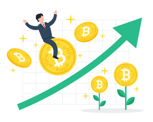 Businessman sits on a bitcoin with a growing positive graph. The creative financial concept of cryptocurrency investment. Virtual digital money. Simple trendy cute vector flat style illustration. 