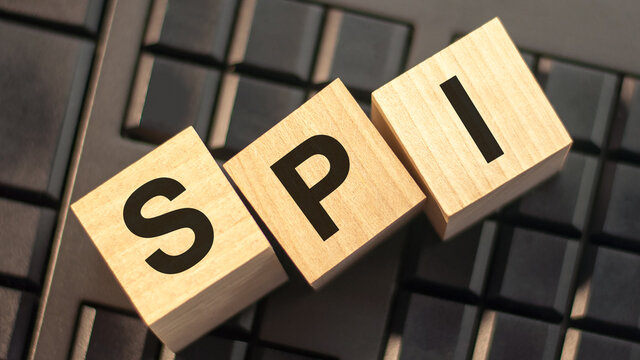 word spi made with wood building blocks, stock image