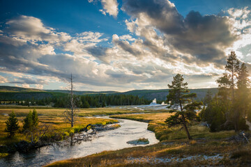 A peaceful moment along the Firehole River as it passes through Upper Geyser Basin in Yellowstone National Park.