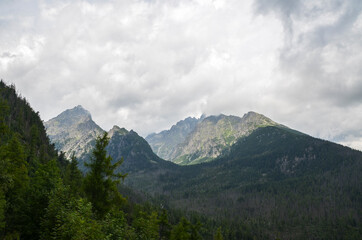 Rocky landscape with gorgeous mountain range with high peaks in National Park High Tatras in Slovakia