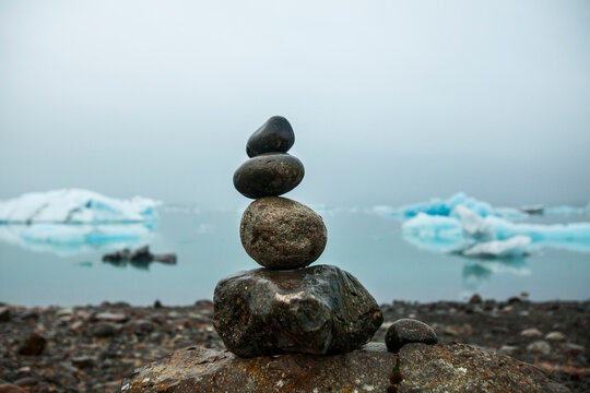 A rock stack at Jokulsarlon, a glacial lagoon off of Ring Road (Rte. 1) in south Iceland.