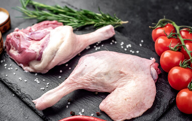 raw duck leg with spices on a stone background