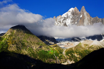 Scenic sunset view of Aiguille Verte et Les Drus, Haute Savoie, France