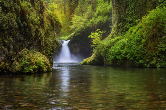 Soft light highlights lush greens, Punchbowl Falls.