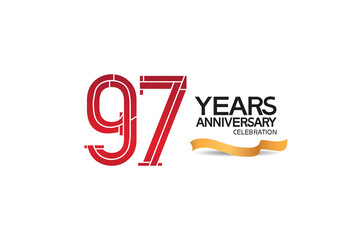 97 years anniversary template with red color number and golden ribbon. vector can be use for party, company special event and celebration moment