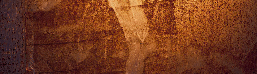 Empty rusty corrosion and oxidized background, horizontal banner. Grunge rusted metal texture. Worn metallic iron wall - obrazy, fototapety, plakaty
