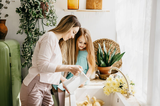 mom young woman and her little girl daughter stands in the kitchen of a country house with duckling in hands and bathing in sink, summer vibes concept