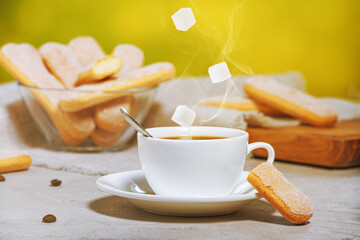 Fototapeta na wymiar White cup of hot aromatic coffee with falling sugar cubes and traditional italian savoiardi biscuits or ladyfingers cookies on a plate in a glass bowl. Selective focus