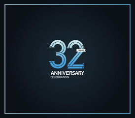 32 years anniversary logotype with cross hatch pattern blue color. vector can be use for party, company special event and celebration moment