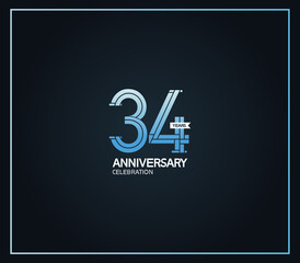 34 years anniversary logotype with cross hatch pattern blue color. vector can be use for party, company special event and celebration moment