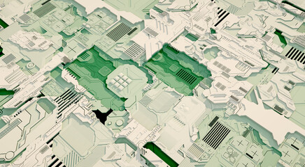Macro rendering of a futuristic electronic printed circuit board with microchips and processors. Technology background concept.  Computer microchip, electronic microcircuit. 3D rendering.