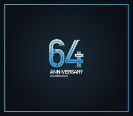 64 years anniversary logotype with cross hatch pattern blue color. vector can be use for party, company special event and celebration moment