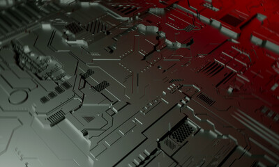 Macro rendering of a futuristic electronic printed circuit board with microchips and processors. Technology background concept.  Computer microchip, electronic microcircuit. 3D rendering.