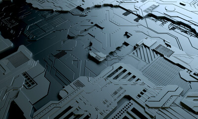 Macro rendering of a futuristic electronic printed circuit board with microchips and processors. Technology background concept.  Computer microchip, electronic microcircuit. 3D rendering.