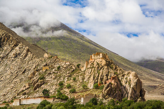 Remote Phuntsoling Monastery in the Himalayan Mountains on the Tibetan Plateau.