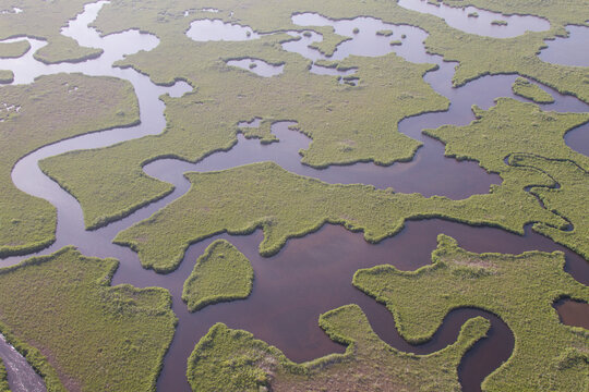 Mangrove islands and rivers photographed from a helicopter in Everglades National Park, Florida.