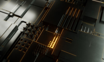Macro rendering of a futuristic electronic printed circuit board with microchips and processors. Technology background concept.  Computer microchip, electronic microcircuit. 3D rendering.