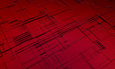 Macro rendering of a futuristic electronic printed circuit board with microchips and processors. Technology background concept.  Computer microchip, electronic microcircuit. 3D rendering.
