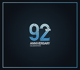 92 years anniversary logotype with cross hatch pattern blue color. vector can be use for party, company special event and celebration moment