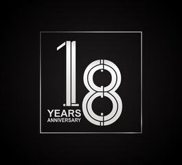 18 years anniversary logotype with cross hatch pattern silver color inside square. vector can be use for party, company special event and celebration moment