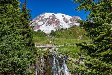 Hiking trail with bridge over Myrtle Falls in Mount Rainier National Park, Washington