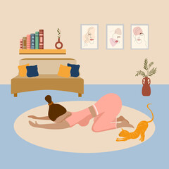 Happy Young African American Dark Skinned Woman and Cute Orange Cat Practicing Yoga Child Pose Relax at Home. Vector illustration. Fitness, sport and healthy lifestyle concept, home workout.
