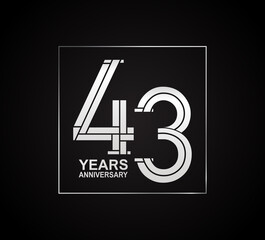 43 years anniversary logotype with cross hatch pattern silver color inside square. vector can be use for party, company special event and celebration moment