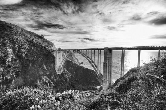 The Bixby Creek Bridge with it's famous back drop of the Pacific Ocean along California's dramatic Big Sur coast.