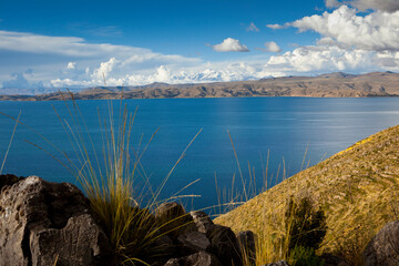 Mt. Illampu and Mt. Ancohuma in the Cordillera Real mountain range as seen from Lake Titicaca, Bolivia
