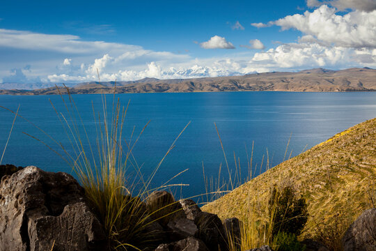 Mt. Illampu and Mt. Ancohuma in the Cordillera Real mountain range as seen from Lake Titicaca, Bolivia