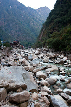 View of the town of Aguas Calientes below Machu Picchu, located in the Vilcanota mountain range in south-central Peru.