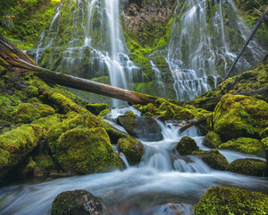 Water cascades through the forest and foliage o