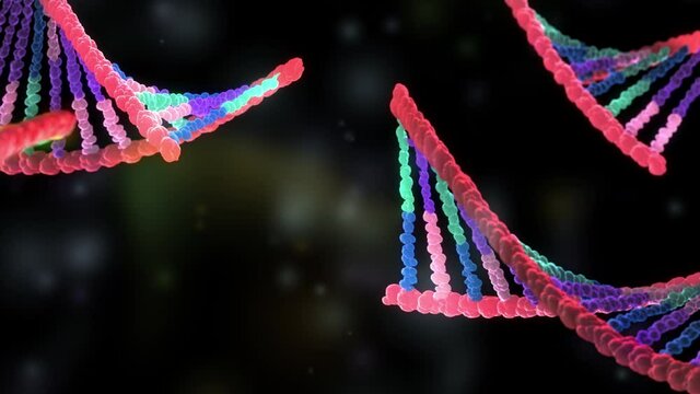 DNA molecule, dna helix, one element is being replaced by a new genetic code, visualizing synthetic biology or genetic engineering, 3d animation