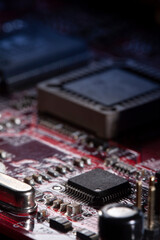 Fototapeta na wymiar computer processor chip on a circuit board with microchips and other electronic parts CPU Chip on Motherboard