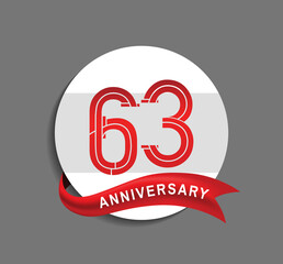 63 anniversary with white circle and red ribbon for celebration event, company special moment and party