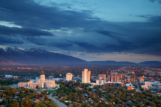 View of downtown Salt Lake City, UT with Wasatch Mountains.