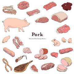 豚肉のイラストセット-手描きの線画 - obrazy, fototapety, plakaty