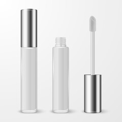 Vector 3d Realistic Closed, Opened White Lip Gloss, Lipstick Package, Silver Cap Set Isolated. Glass Container, Tube, Lid, Brush. Plastic Transparent Bottle Design Template, Mockup. Front View