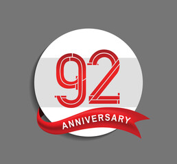 92 anniversary with white circle and red ribbon for celebration event