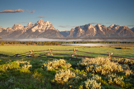 Scenic landscape image of first light at Snake River Meadows, Triangle X Ranch, Grand Teton National Park, Wyoming.
