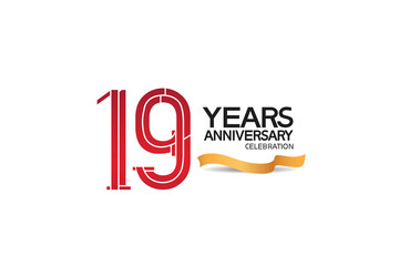 19 years anniversary template with red color number and golden ribbon. vector can be use for template, company special event and celebration moment